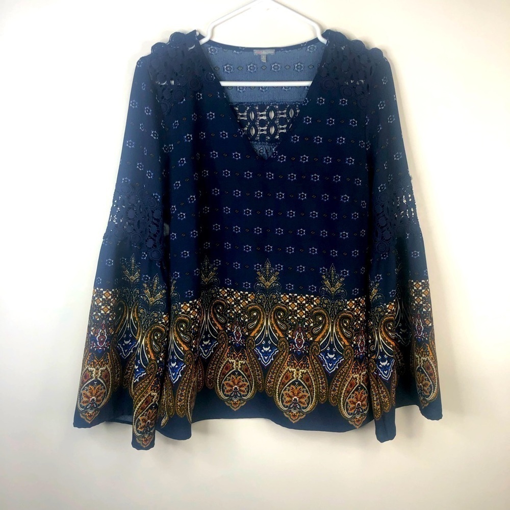 Charlotte Russe navy blue pattern cut lace detail v neck long sleeve top S
